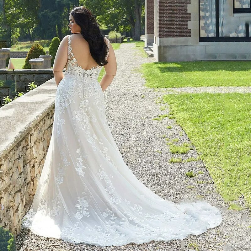 I OD Plus Size A-Line Wedding Dress V-Neck Sleeveless Appliques Backless Floor Length Bridal Gown Button Vestidos De Novia New