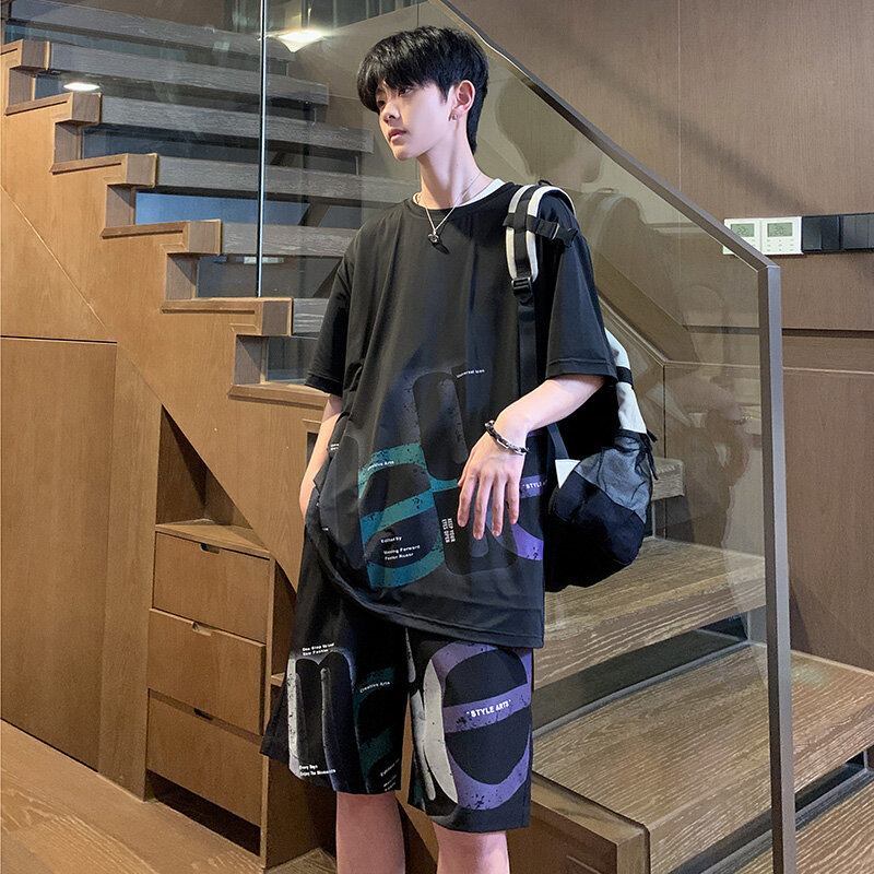 Мужские летние комплекты из 2 предметов, футболка с принтом и шорты, повседневный тонкий свободный костюм для баскетбольного шлейфа, в Корейском стиле, модный мужской костюм