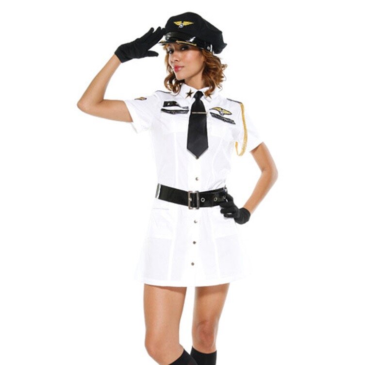 Hete Verkoop Volwassenen Marine Officier Vlucht Kapitein Uniform Pak Zwart Wit Kapitein Sexy Kostuum Voor Vrouwen