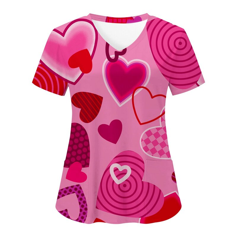 Nurse Uniforms Women Valentine's Day Print Short Sleeve V-neck Scrubs Tops Medical Blouse Overalls Heart Print Uniform Nursing