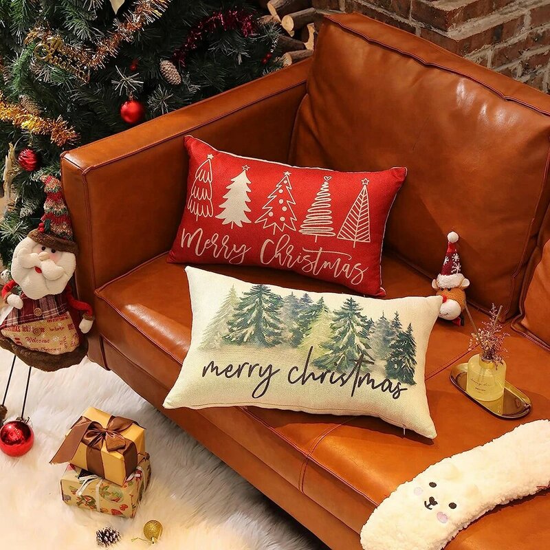Funda de almohada de lino con estampado de Feliz Navidad, cubierta de cojín de sofá, decoración del hogar