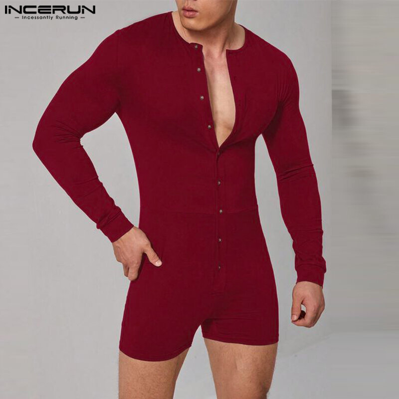 Incerun-Bodysuits de botão monocromático O-Neck manga comprida masculino, Playsuits casuais, Homewear masculino, Pijama, S-5XL, 2022