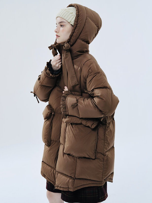Imakokoni-Chaqueta de plumón de pato con capucha para mujer, abrigo de longitud media, diseño Original, color blanco, invierno, 2023