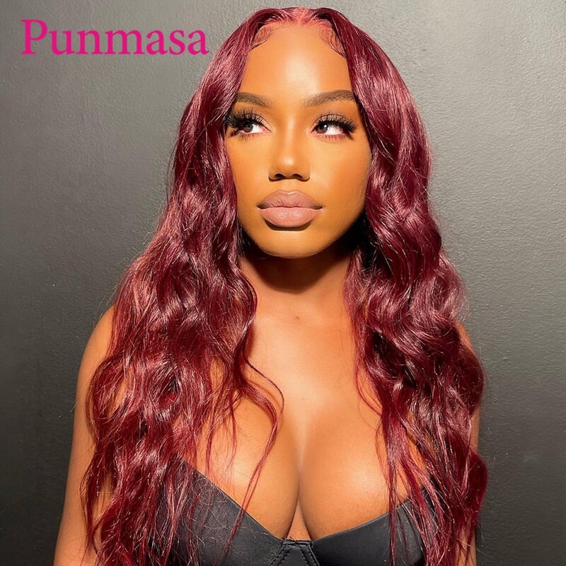 Punmasa-Peruca de cabelo humano de onda corporal para mulheres negras, perucas frontais transparentes, peruca frontal pré-arrancada, 99J, 13x6, 200%, 13x4, 30 pol