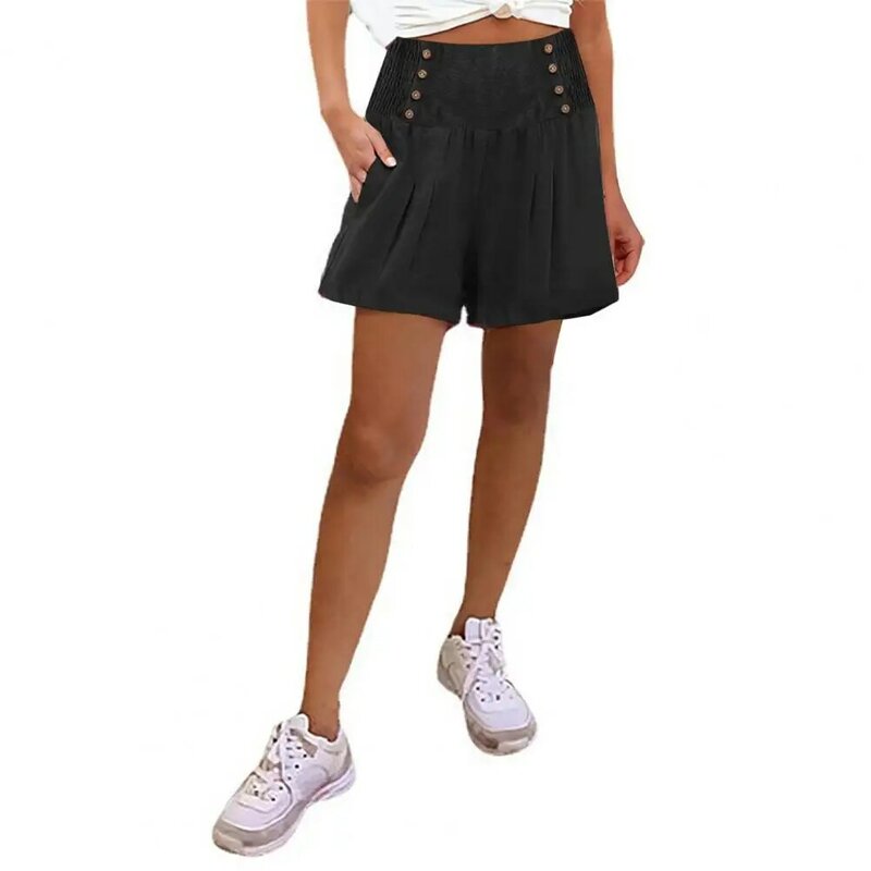 Pantalones cortos plisados con botones para mujer, diseño de línea a de cintura alta con bolsillos laterales para actividades deportivas de vacaciones