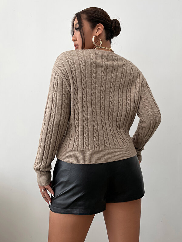 ONELINK Plus Size kobiety sweter jasny kawy brązowy krótki pulower O Neck 3XL Oversize kabel wzór dziania 2022 jesień zima