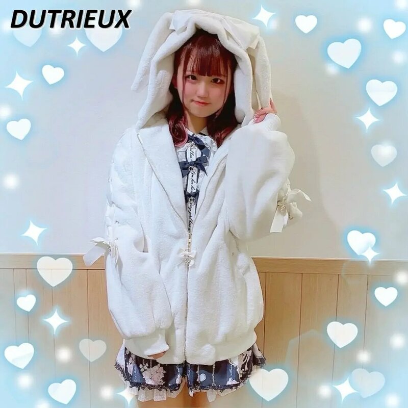 Wysokiej jakości japońskie zimowe ubrania słodkie słodkie moje słodkie słodkie ucho królika zamsz bawełna płaszcz kurtka dziewczynka Lolita płaszcze dla kobiet parki
