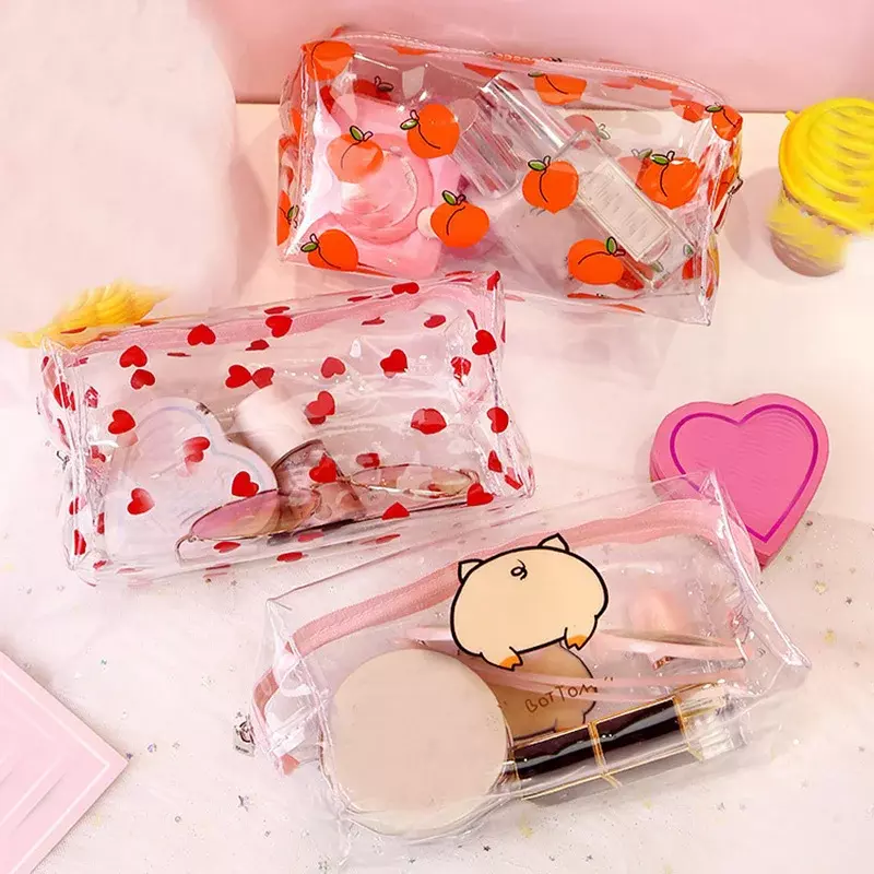 Bolsa de maquillaje transparente para mujer, Mini bolsa de flores y fresas con estampado de almacenamiento portátil, con cremallera