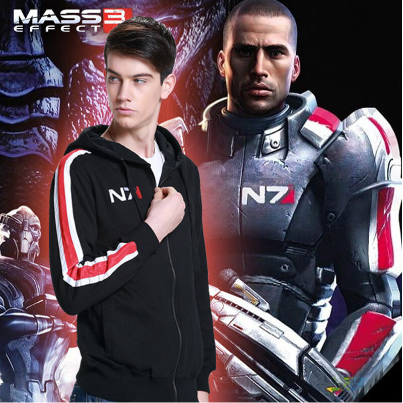 Mass Effect Hoodie Men Black Anime Zip Up Hooded Sweatshirt Women Embordery Fleece Thick Warm Sweetshirt Cosplay N7 Streetwear