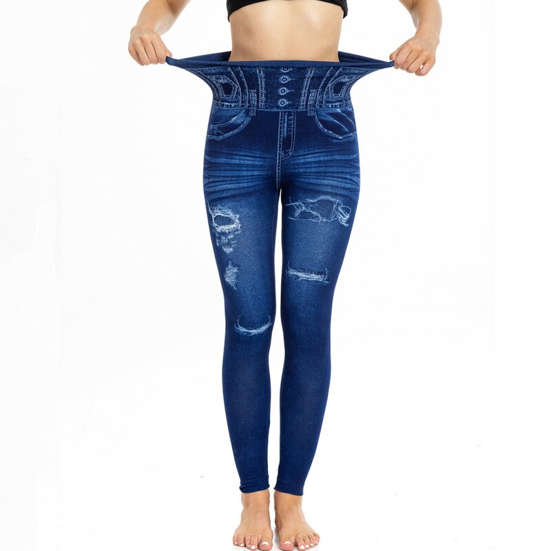 Женские эластичные леггинсы с эффектом пуш-ап, из искусственной джинсовой ткани
