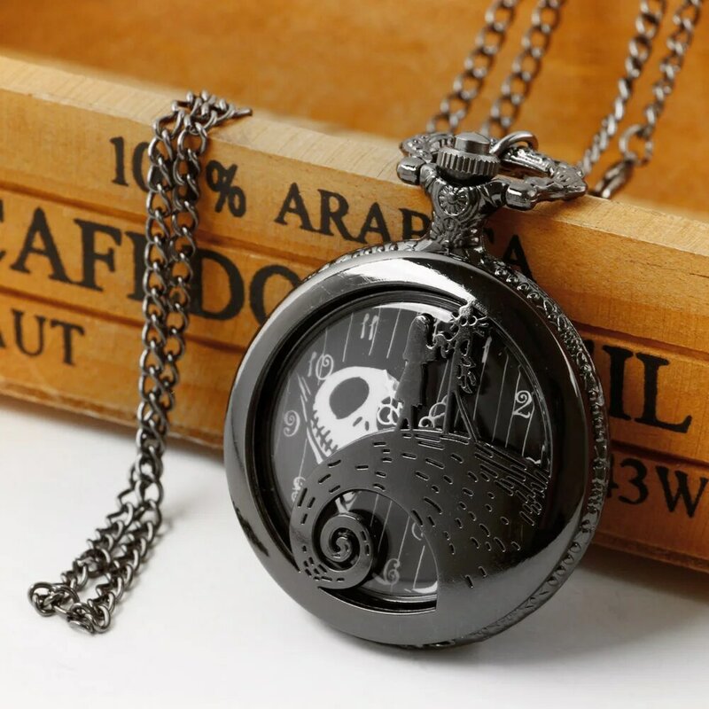 Reloj de bolsillo con patrón de calavera ahuecada negra para hombre, temperamento Popular, Steampunk, Vintage, collar de regalo
