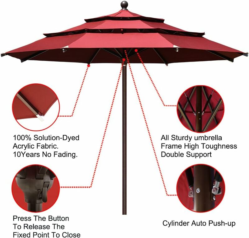 EliteShade USA 10-Year-Non-Fading Sunumbrella 11Ft 3 Tiers Market Umbrella Patio Outdoor Cylinder Auto Push-up Table Umbrella