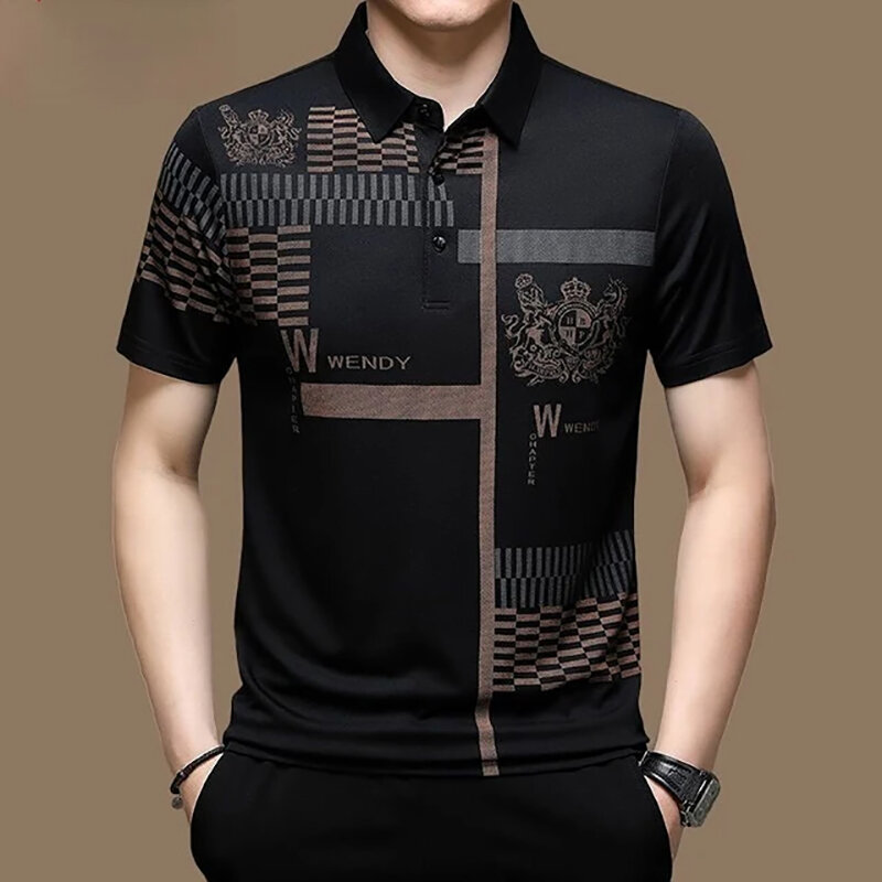 Kaos Polo pria bisnis kasual musim panas lengan pendek motif pola cetak kancing T Shirt pakaian longgar Fashion Polo T Shirt