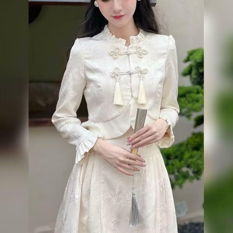 Conjunto Cheongsam de estilo chino para mujer, Top de manga larga con botones, falda de cintura alta, elegante