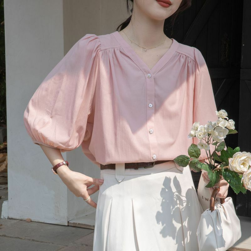 Women's V-neck Chiffon Blouses Summer New Minimalist Commute Solid Color Single-breasted Spliced Ruched Half Sleeve Chic Shirts