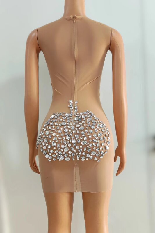 Sexy Stage Silver Crystals Birthday Party Dress Evening Celebrate Transparent Mesh Performance Photo Shoot Gowns Xiaojingjing