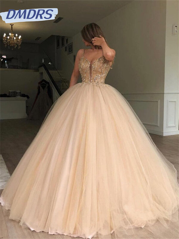 Gaun malam tulle kerah V rendah seksi gaun tanpa lengan manik-manik elegan 2024 gaun panjang selantai A-line klasik Vestidos De Novia