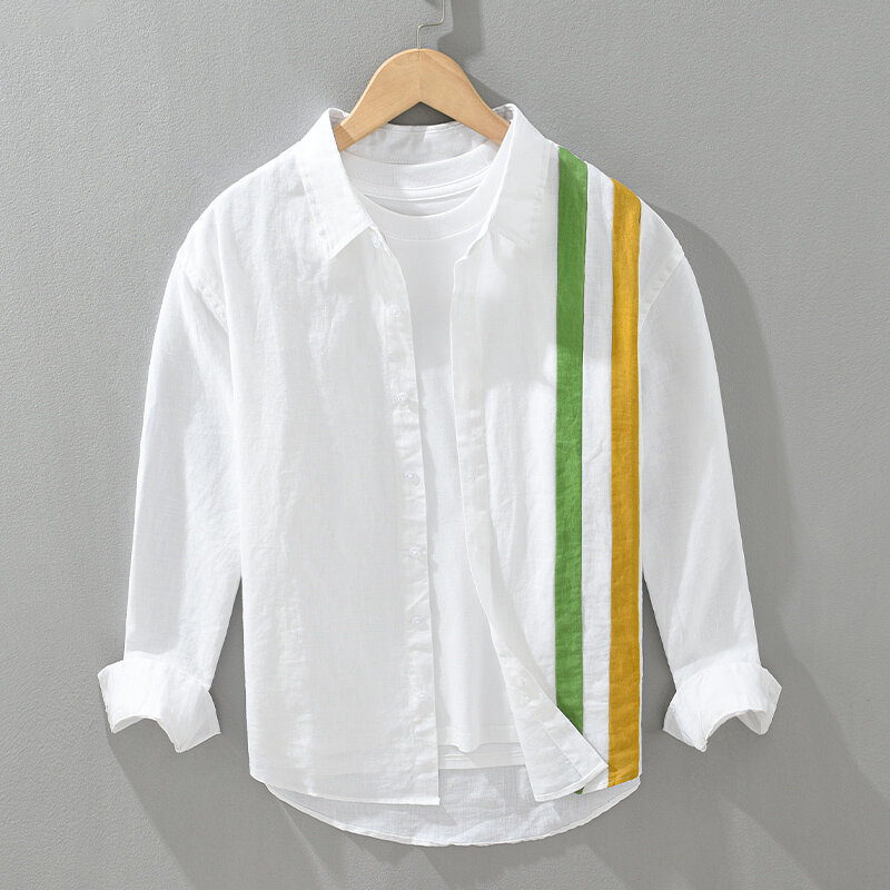 男性用長袖シャツ,十分な生地,リネン100%,ストライプなし,ファッショナブルなパッチワーク,新しいコレクション2024
