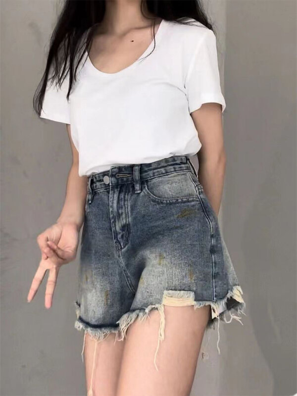 Damskie letnie niebieskie jeansowe poszarpane szorty Y2k wysoki talia, moda uliczna na co dzień szerokie szorty koreańskie Harajuku Vintage krótkie spodnie 2023