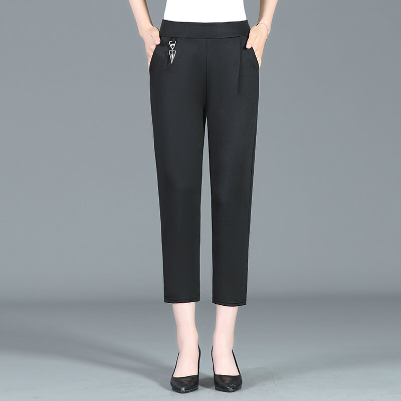 Pantalones ajustados de cintura elástica para mujer, ropa de verano, color negro