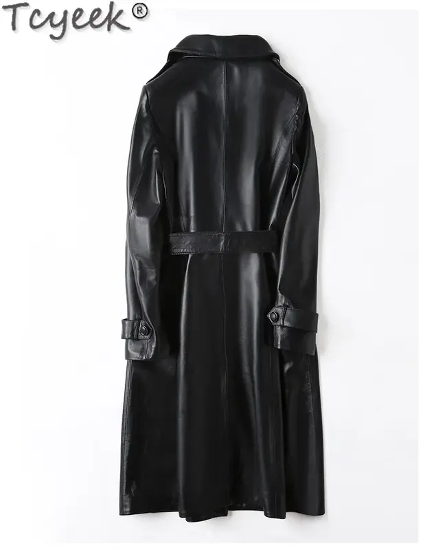 Tcyeek-jaqueta de couro genuíno feminino, jaqueta longa média de pele de carneiro real, trench coat slim fit, roupas femininas, primavera e outono, 2023