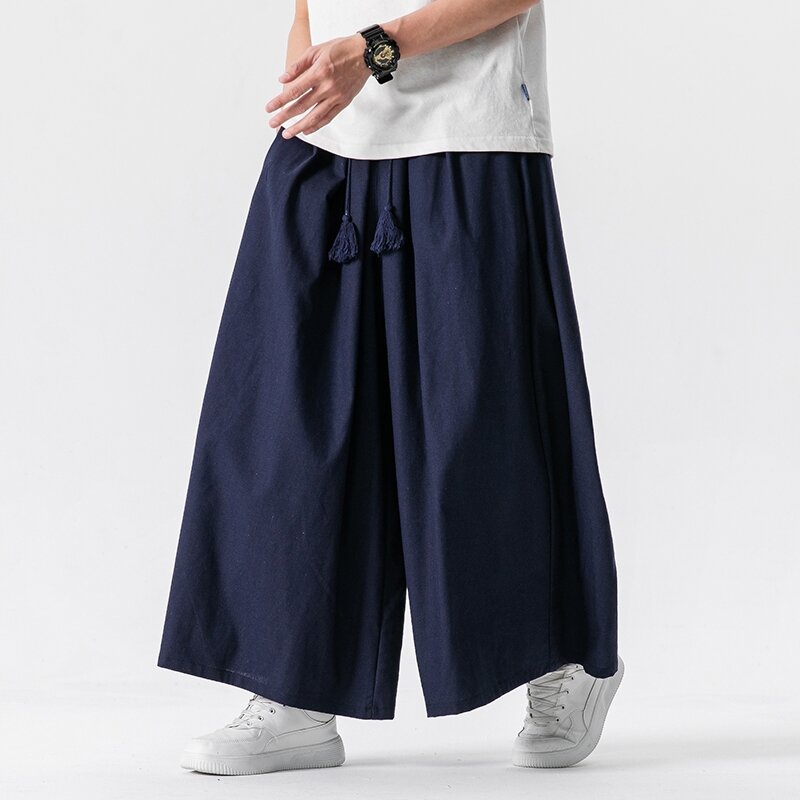Wide Leg Pants Mens Cotton Joggers Retro Loose Trousers Man Chinese Style Linen Pants Male Big Crotch Nepal Robe Pants