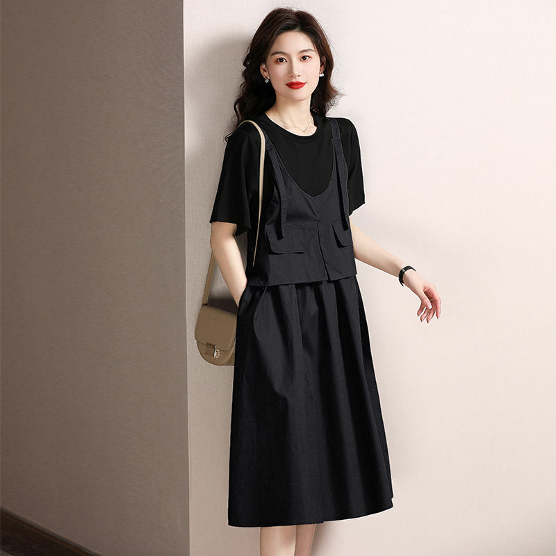 Fashion O-Neck Spliced Pockets Fake Two Pieces Casual Dresses Women's Clothing 2024 Summer New Loose Commuter Short Sleeve Dress