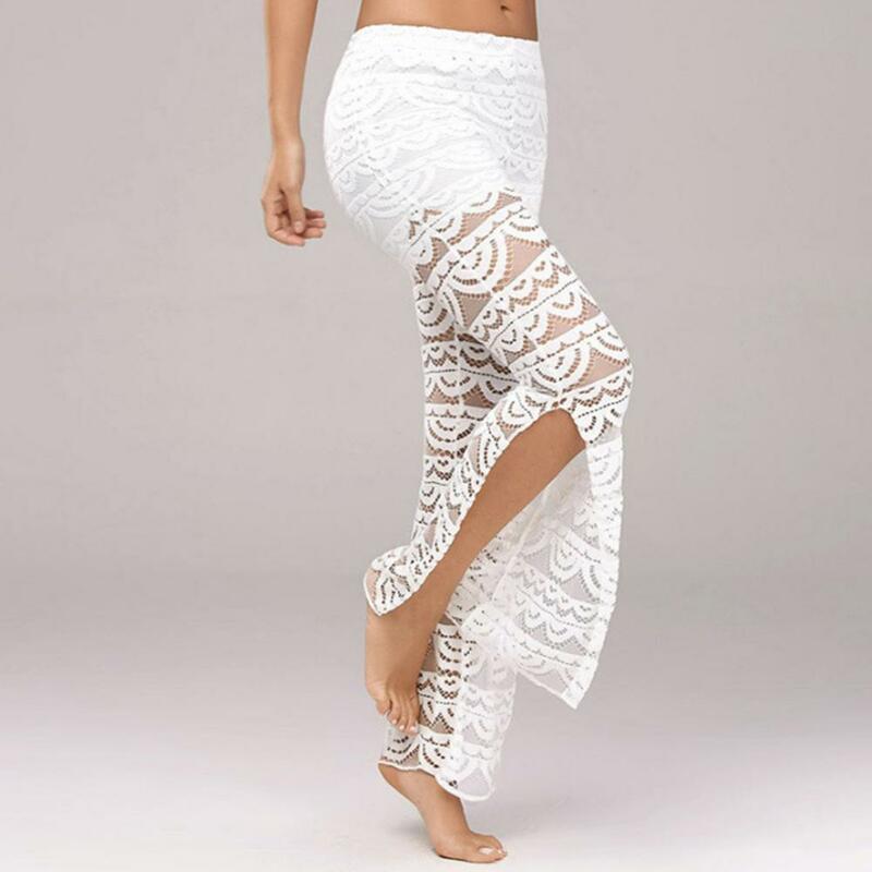 Hip-hugging Pants Elegant Lace Splicing Wide Leg Pants for Women Stylish Mid-rise Trousers with Slit Cuffs Solid Color Mesh Lace