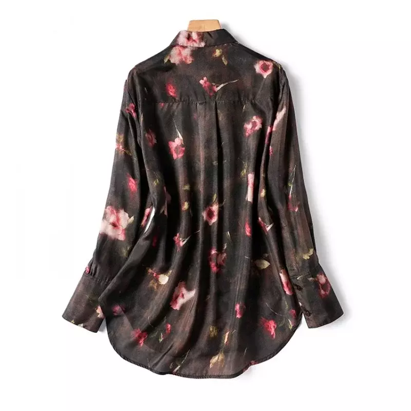 Blusa de chiffon vintage feminina, estampas de primavera e verão, mangas compridas soltas, tops femininos, roupas da moda, coreano, 2024