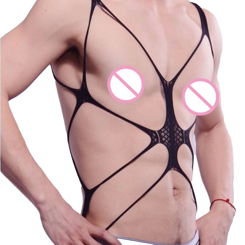 Jumpsuit seksi pria Lingerie erotis jaring tipis pakaian dalam ketat stoking tubuh tembus pandang Pantyhose tipis Bodysuit tipis