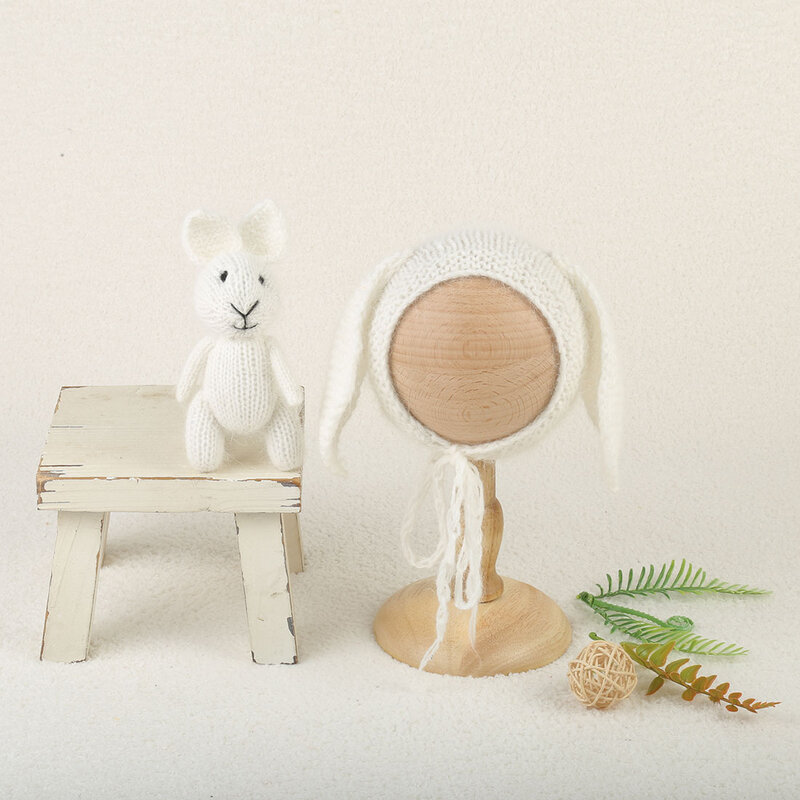 Conjunto de gorro y juguete de conejo para fotografía de recién nacido, gorro de muñeca de conejo suave, hecho a mano, para sesión de fotos
