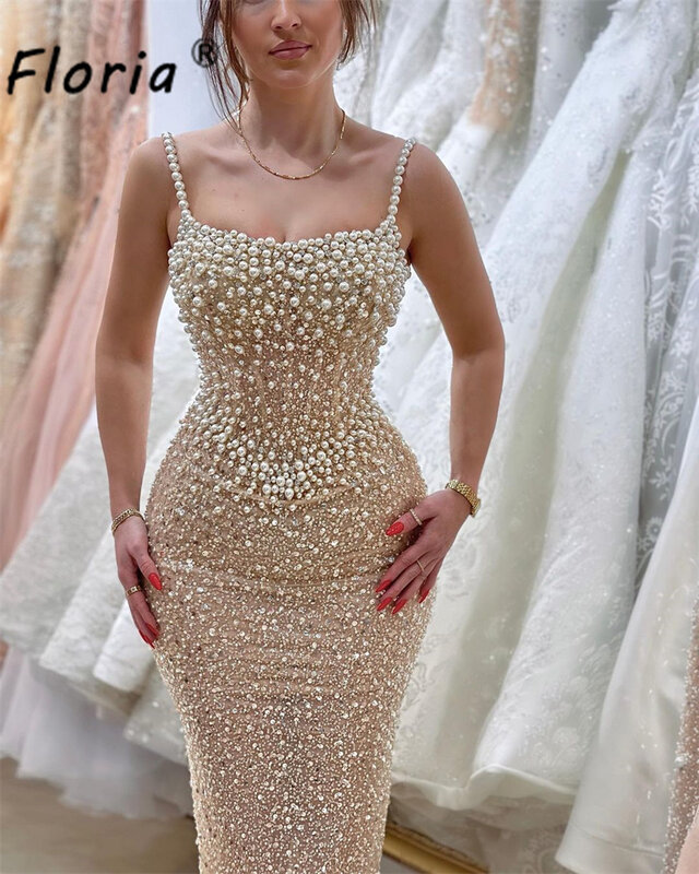 Vestido de lantejoulas com pérolas e lantejoulas, vestido de festa formal com alças de espaguete, vestido sereia para baile de casamento, moda Dubai