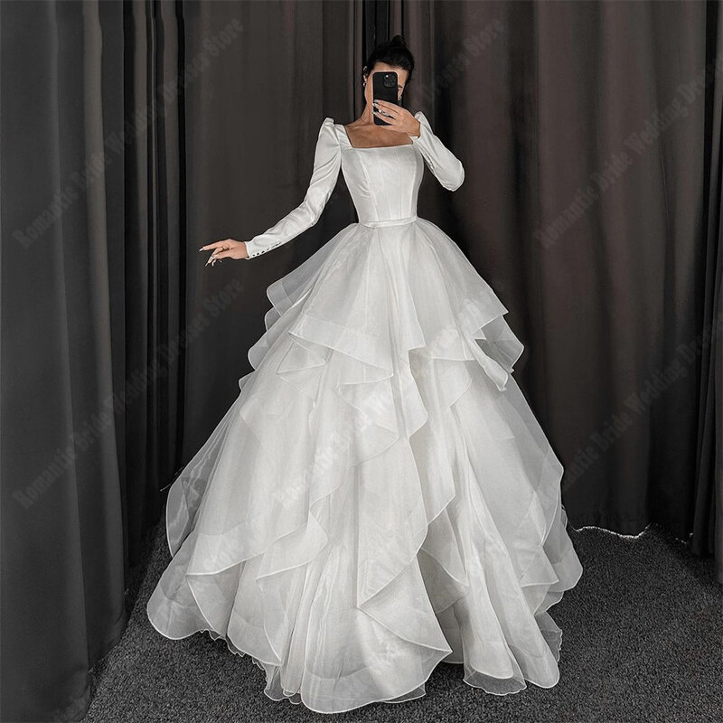 Vestidos de casamento com pescoço quadrado para mulheres, tule brilhante, vestidos nupciais, mangas compridas, vestido de princesa, luxo, 2024