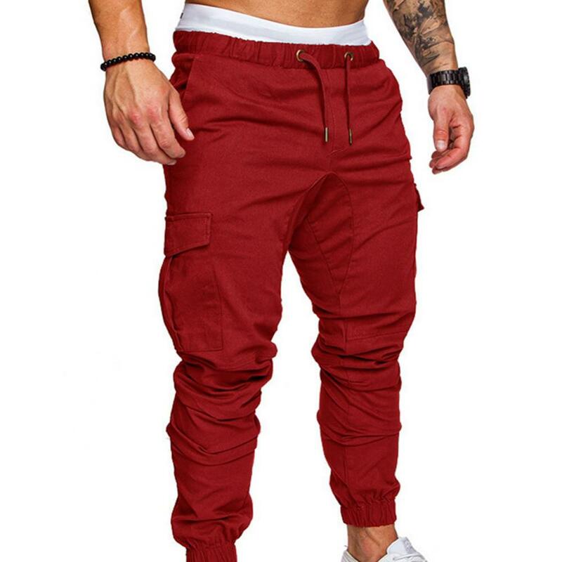 Men Skinny Cargo Pants Solid Color Pockets Drawstring Ankle Tied Sports Running Pants Gym Fittness Training Pants Men's Clothing