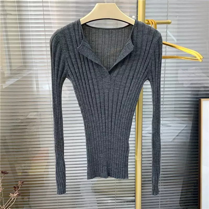 Женский свитер, простой облегающий весенний пуловер с V-образным вырезом и длинным рукавом