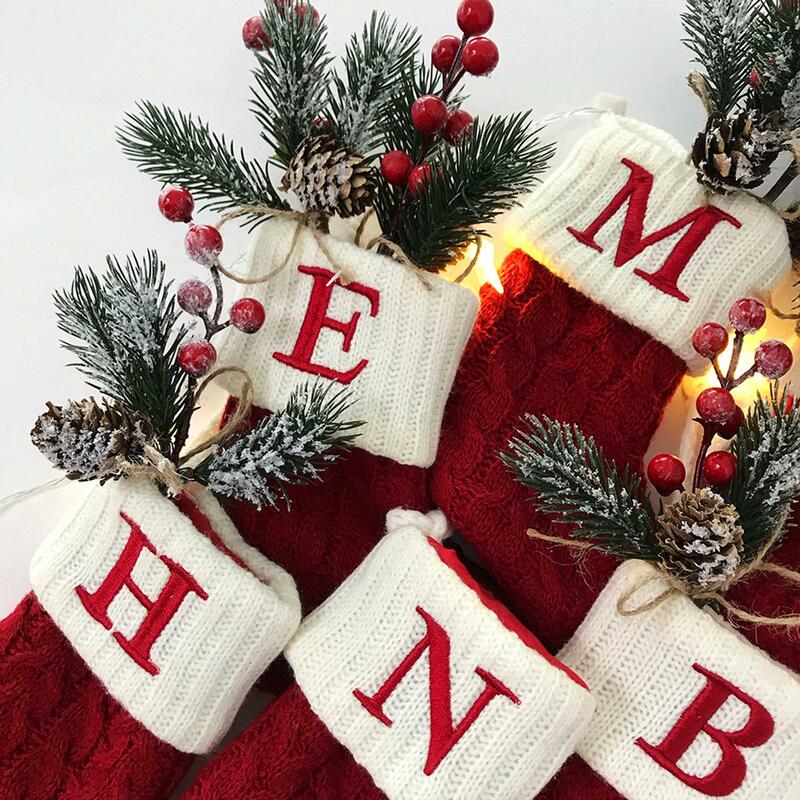 새해 크리스마스 양말, 빨간 눈송이 알파벳 글자, 크리스마스 뜨게 스타킹, 크리스마스 트리 장식, 가정 크리스마스 선물