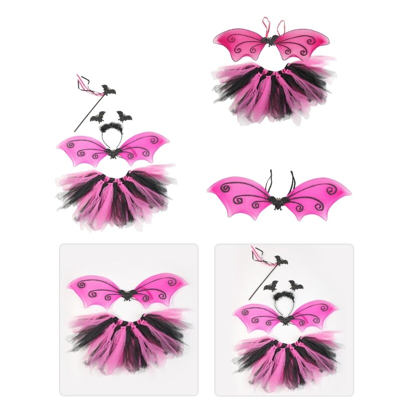 MXMB Mädchen verkleiden sich Cosplays Kostümzubehör Flügel Tutu Rock Zauberstab Fledermaus Augenmaske