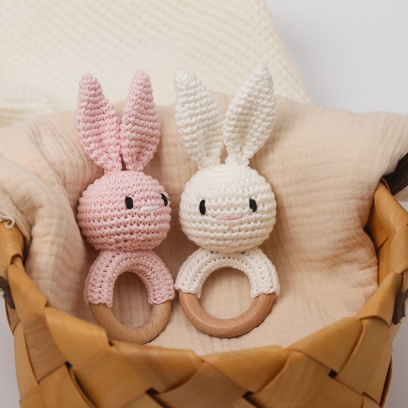 1Pc Baby Crochet Rabbit anello in legno sonaglio giocattoli succhietto braccialetto musica sonagli massaggiagengive culla Mobile giocattoli per regali appena nati