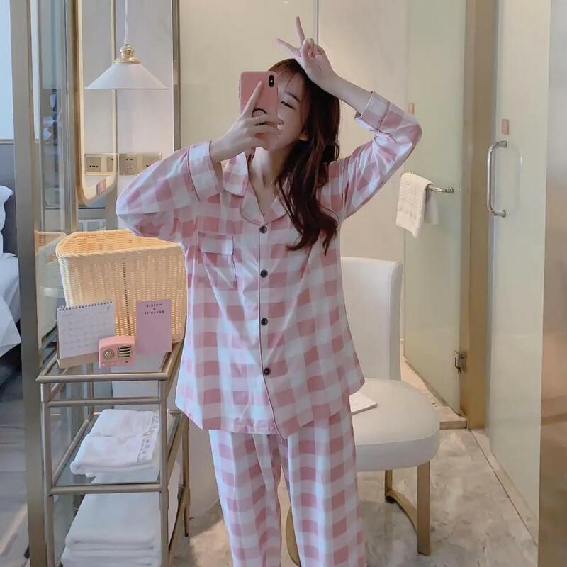 Conjunto de pijama xadrez estampado feminino, camisa manga comprida, calças largas, roupa de dormir, casa, primavera, verão