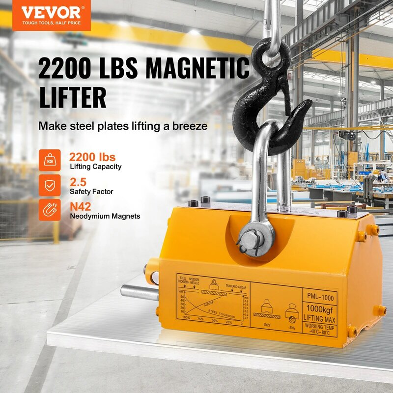 Магнитный подъемник VEVOR 1000-2000 кг 2.5, коэффициент безопасности, подъемный магнит с высвобождением, тяжелый магнит для подъемника, магазин кранов, блоков