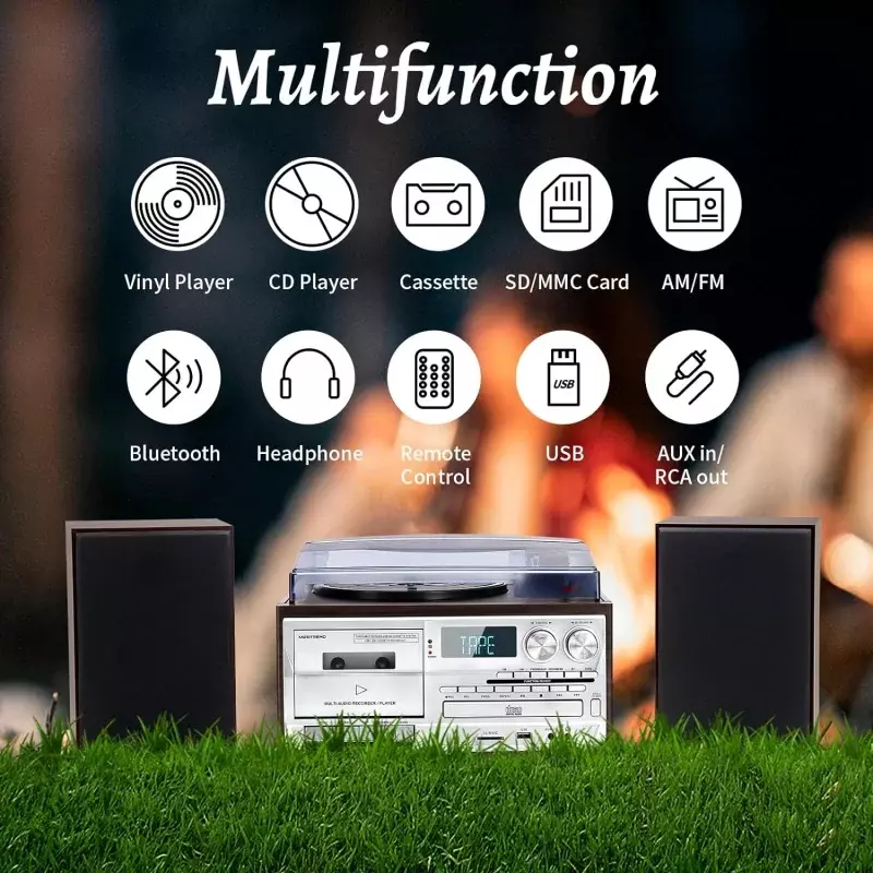Disco de vinil com alto-falantes externos, Bluetooth Turntable, CD, Cassette Play,AM, rádio FM, USB, SD, 10 em 1, 3 velocidades