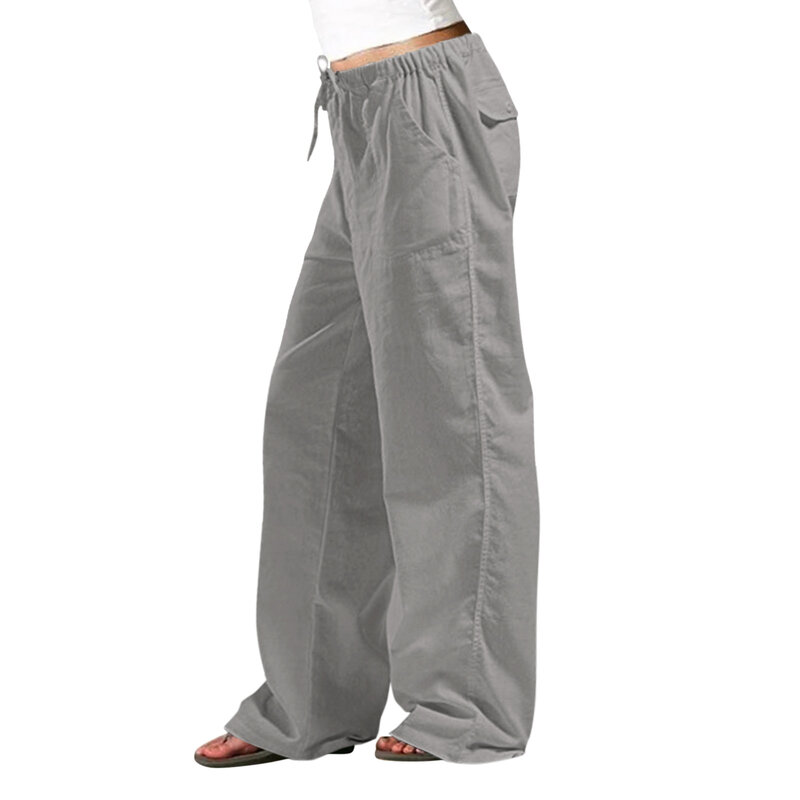 2024 Damskie bawełniane i lniane spodnie codzienne Elastyczna talia Kieszeń Proste spodnie Jednokolorowe spodnie bawełniane i lniane