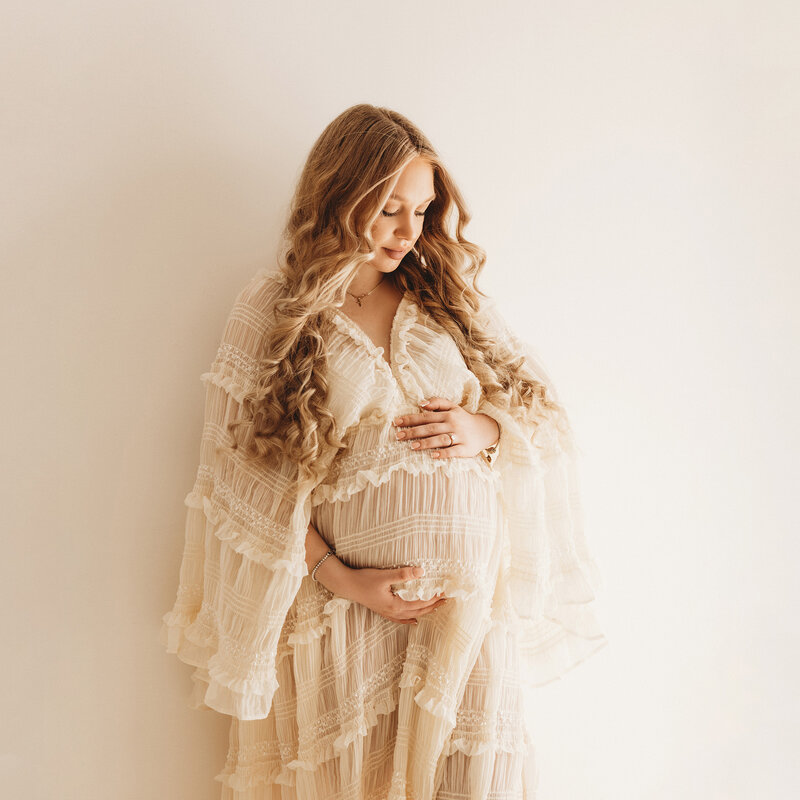 Don & Judy gaun fotografi ibu hamil, pakaian pantai pernikahan pemotretan foto Babyshower wanita hamil renda kerut lengan panjang