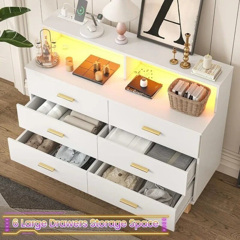 6 Drawer Dresser for Bedroom, Chest of Drawers with LED Light and Power Outlet, Tall Wide Dresser for Organizer Cabinet Bedroom
