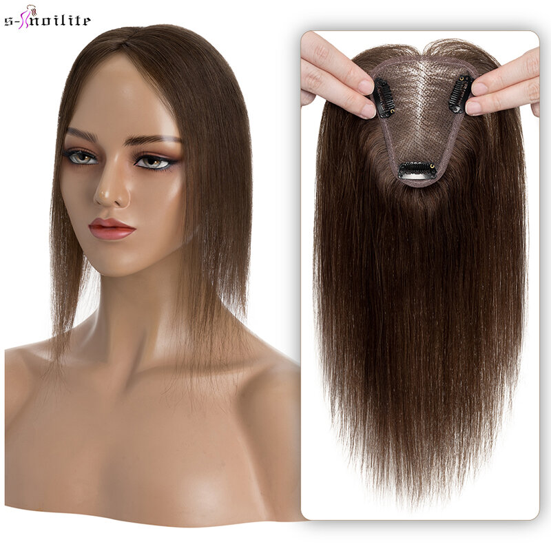 S-noilite 8x10cm nakładki na ludzkie włosy ręcznie wykonane środkowe damskie Topper naturalne włosy peruki z pojedynczym węzłem do włosów