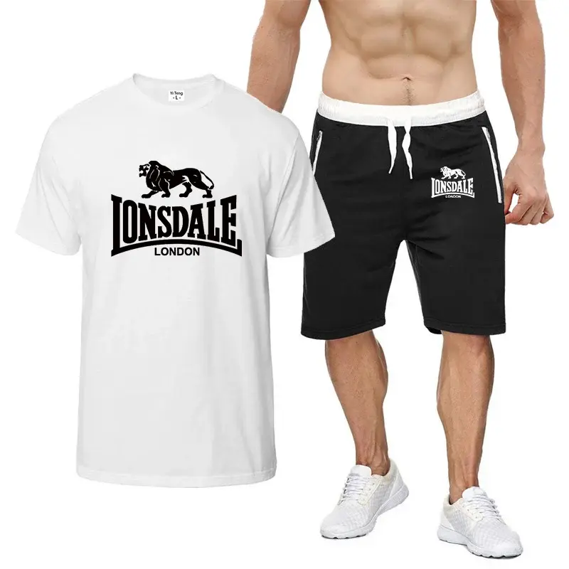 Lonsdale 남성용 캐주얼 반팔 티셔츠 및 반바지 세트, 레저 컴포트 8 색 세트, 2024 여름 스타일 인쇄