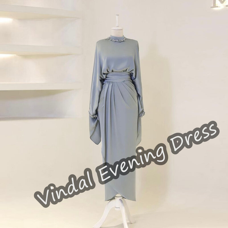 Vindal Mermaid Scoop Necklin Ankle Length Evening Dress Satin Long Sleeves Elegant Built-in Bra Saudi Arabia For Woman 2024