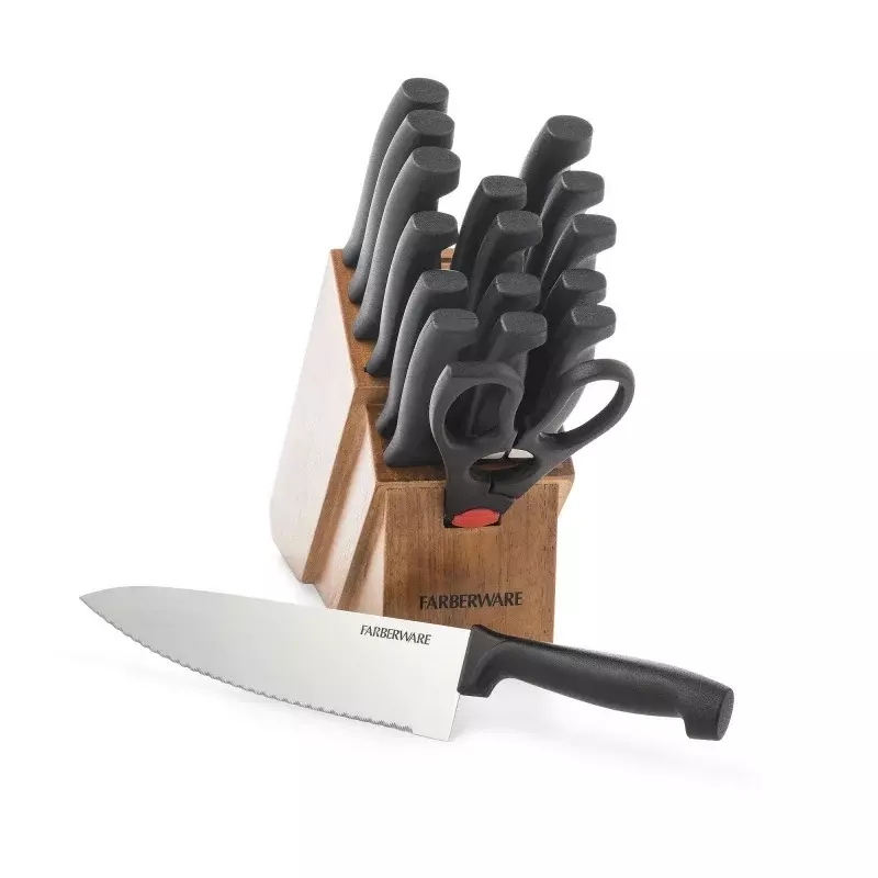 18 szt. Farberware nigdy nie wymaga ostrzenia nóż ze stali nierdzewnej z naturalnym drewnem blokowym