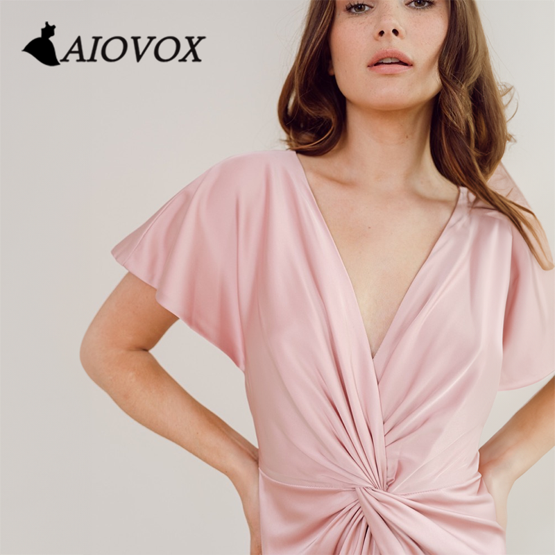 AIOVOX gaun Prom Formal berlipat V-neck gaun malam lengan pendek Satin pakaian potongan panjang lantai A-line untuk wanita