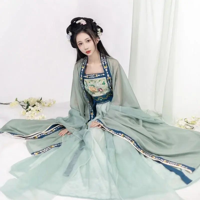 Vestido tradicional hanfu chinês para mulheres, bordado antigo, fantasia de dança, cosplay, dinastia Tang, saia feminina de verão
